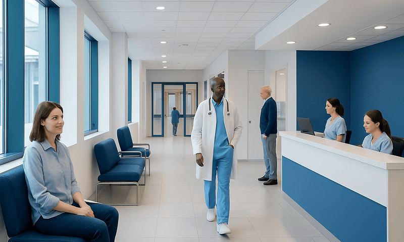 Hospital waiting area with patients and medical staff at Acibadem Hospitals Group.