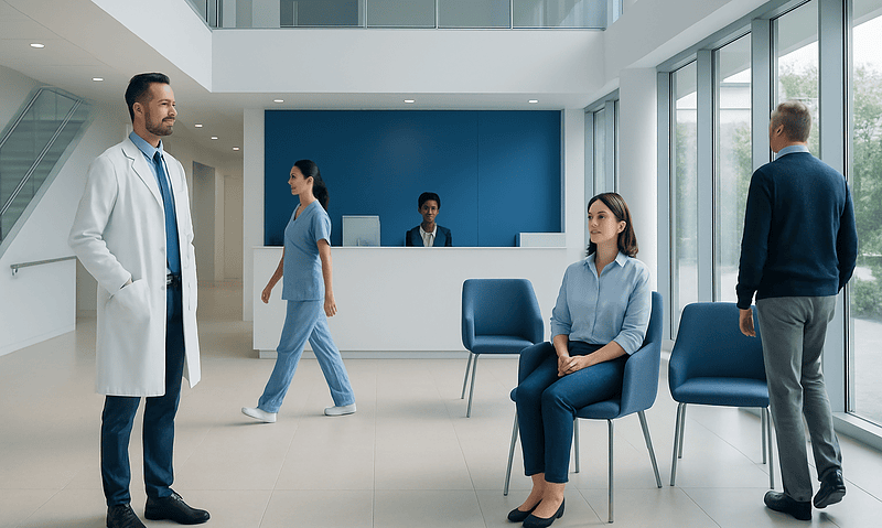 Modern hospital reception area with medical staff and patients.