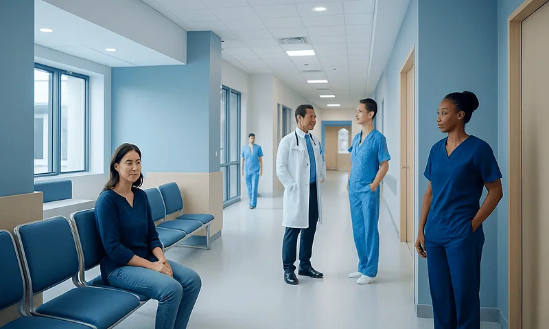 Healthcare professionals and patient in a hospital corridor at Acibadem Hospitals Group.