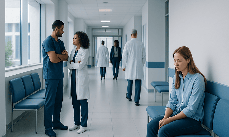 Young woman sitting alone in hospital corridor, feeling isolated.