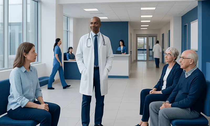 Doctor consulting patients in a modern hospital waiting area.