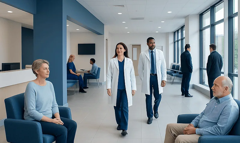 Hospital waiting area with medical staff and patients.