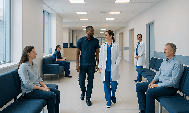 Healthcare professionals and patients in a hospital corridor.