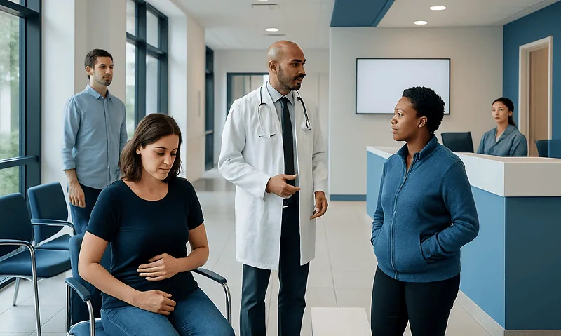 Doctor consulting with a patient in a hospital waiting area.