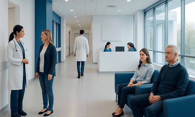 Hospital waiting area with doctors and patients in a modern medical facility.
