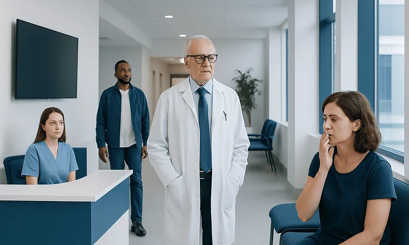 Doctor consulting with female patient in hospital corridor.