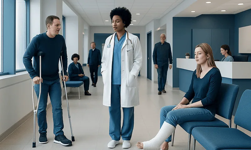 Patient with leg injury consulting with healthcare professionals in hospital corridor.