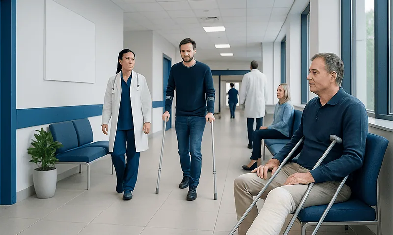 Patient with crutches in hospital corridor with medical staff and other patients.