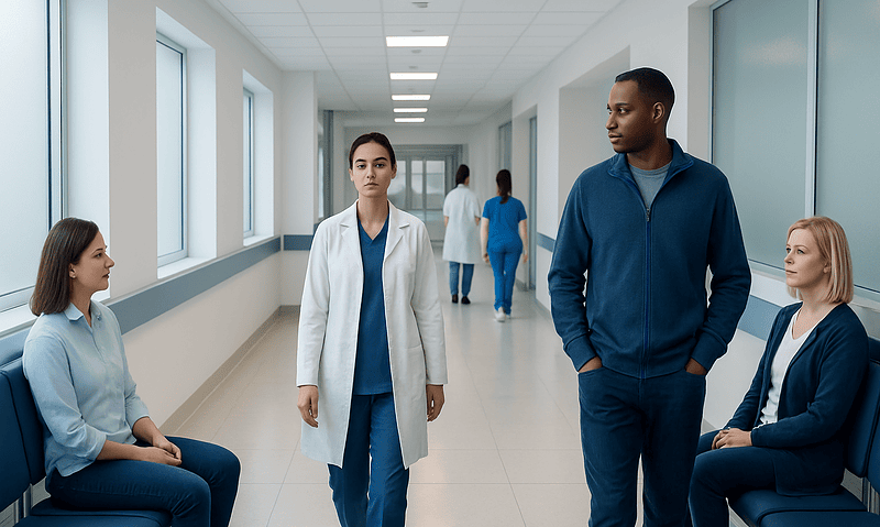 Medical staff and patients in a hospital corridor at Acibadem Hospitals Group.