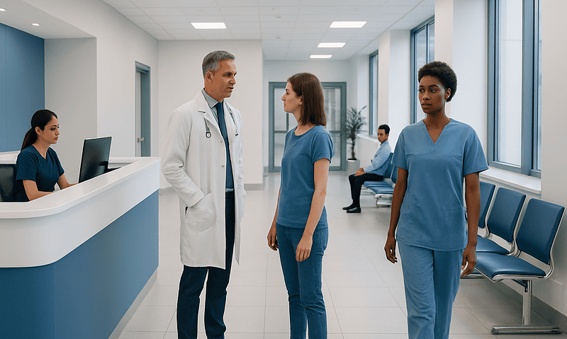 Doctor consulting female patient in hospital corridor with nurses nearby.
