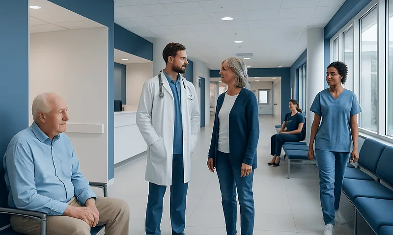 Medical consultation in a hospital corridor with doctors and patients.