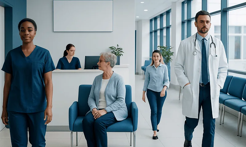 Medical team and patient in a modern hospital corridor.