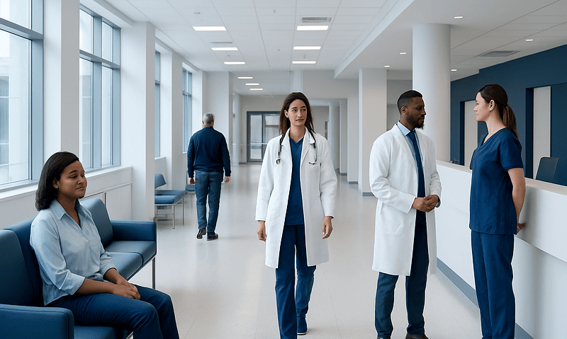 Healthcare professionals and patients in a modern hospital corridor.