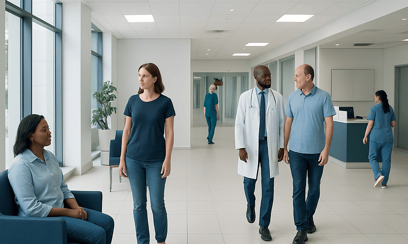 Diverse medical staff and patient in a modern hospital corridor.
