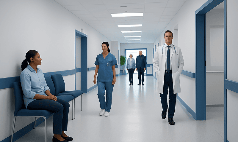Healthcare professionals and patients in a modern hospital corridor.