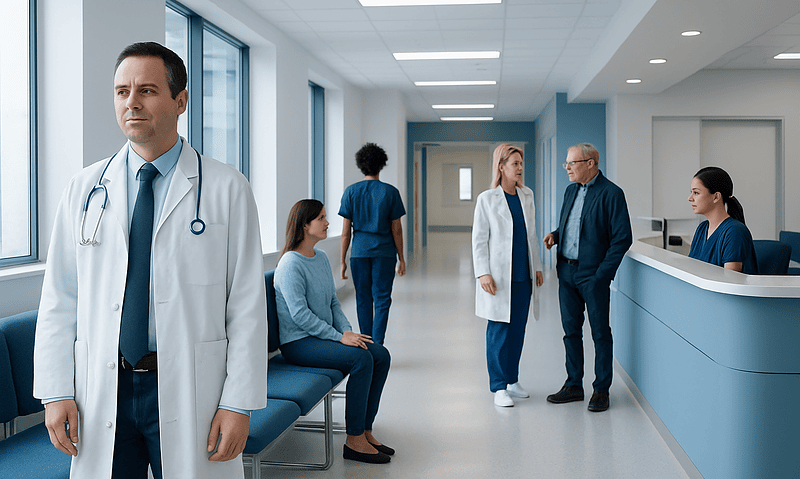 Medical professionals and patients in a modern hospital corridor.