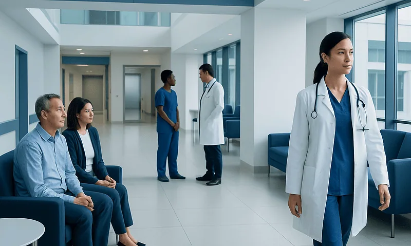 Medical professionals and patients in a modern hospital corridor.