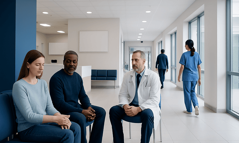 Doctor consulting with two patients in a hospital corridor.