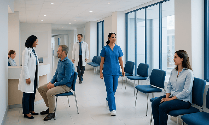 Medical consultation in a modern hospital waiting area with healthcare professionals and patients.