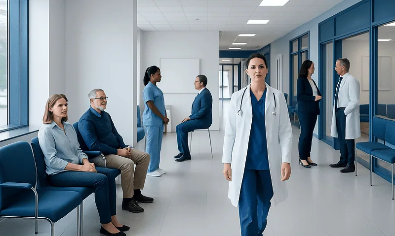 Healthcare professionals and patients in a modern hospital corridor.