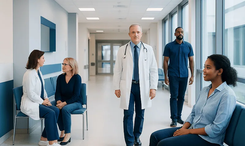 Medical consultation in a modern hospital corridor with doctors and patients.