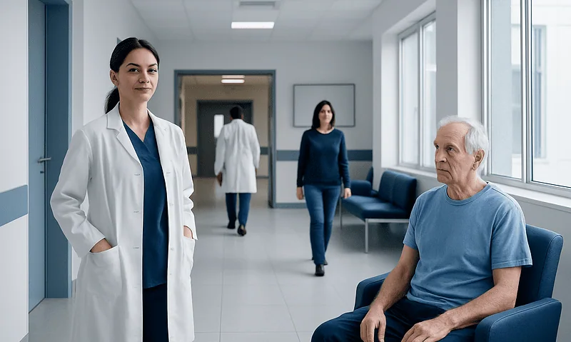 Healthcare professionals and patient in hospital corridor.
