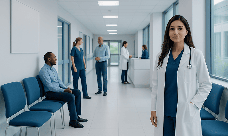 Healthcare professionals and patients in a modern hospital corridor.