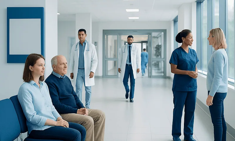 Hospital corridor with medical staff and patients engaging in conversation.