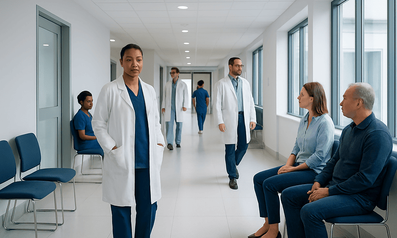 Medical professionals and patients in a hospital corridor.