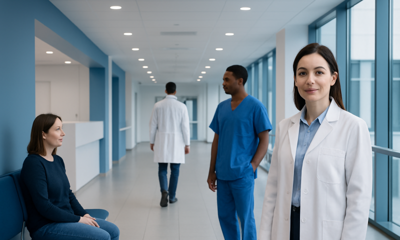 Healthcare professionals and patient in hospital corridor at Acibadem Hospitals Group.