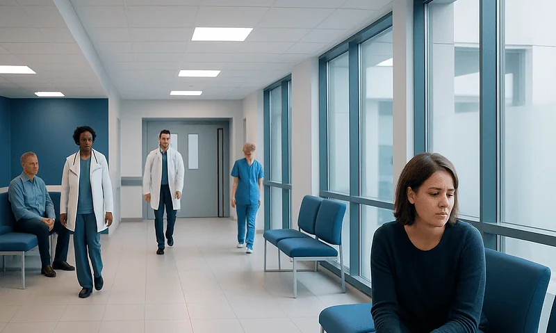 Young woman waiting alone in hospital corridor with medical staff in background.