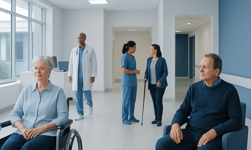 Patients in a hospital corridor with medical staff and wheelchairs.