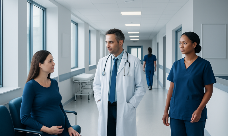 Medical consultation in hospital corridor with doctor and nurses.