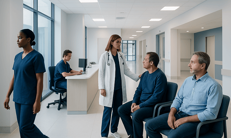 Medical staff consulting with patients in a modern hospital corridor.