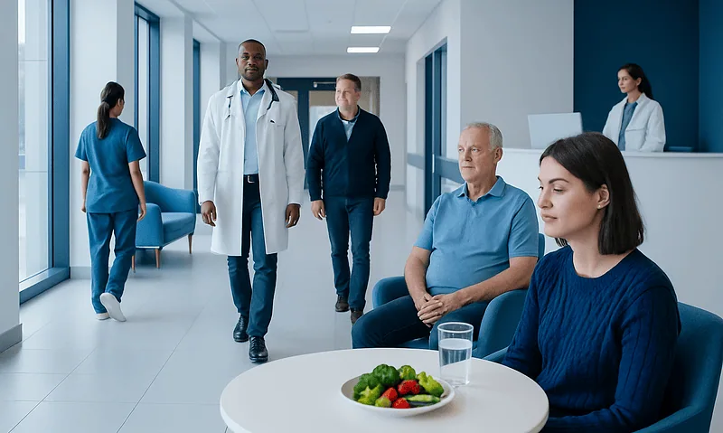 Hospital waiting area with patients and medical staff.