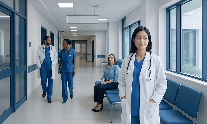 Healthcare professionals in a hospital corridor with a female doctor in the foreground.