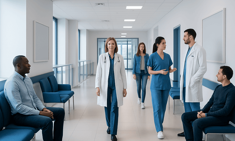 Medical team consulting with patients in a hospital corridor.