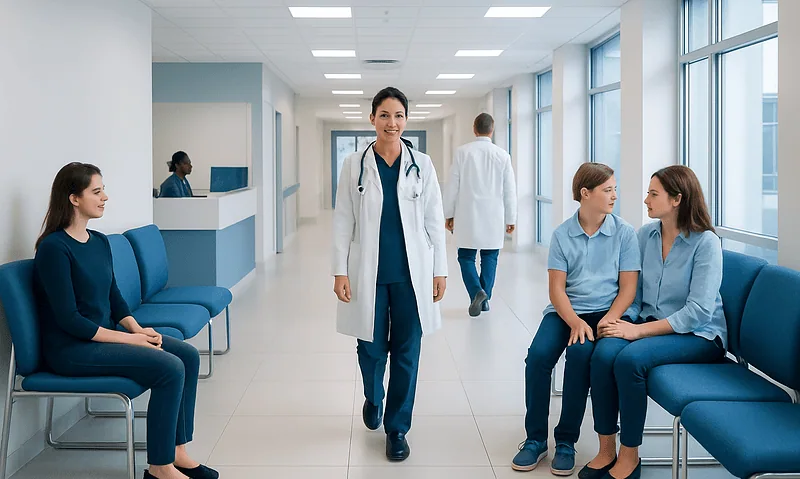 Intellectual Disability: What Patients Need to Know 8 Healthcare professionals and patients in a modern hospital corridor.