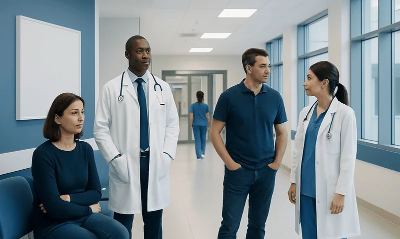 Medical team discussing patient care in hospital corridor.