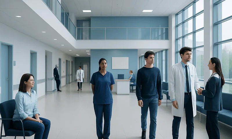 Modern hospital lobby with medical staff and patients in a bright, spacious setting.