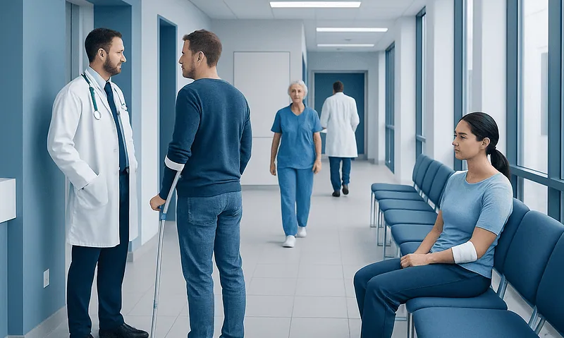 Patient with crutches talking to doctor in hospital corridor.