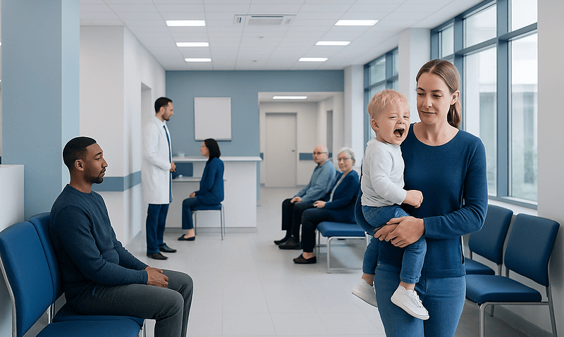 Child crying in a hospital waiting room with mother and medical staff present.