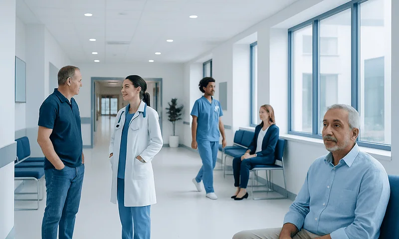 Hospital corridor with medical staff and patients engaging in conversation.
