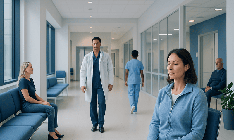 Patients and doctor in a hospital corridor, healthcare environment.