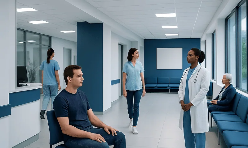 Patients and medical staff in a modern hospital corridor.