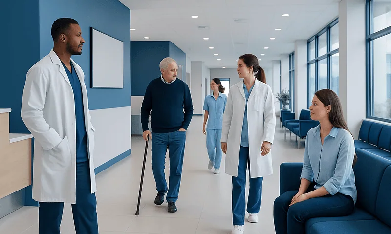 Medical staff and patient in hospital corridor at Acibadem Hospitals Group.