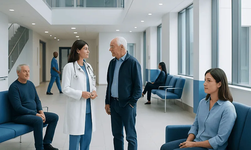Doctor consulting with a patient in a modern hospital waiting area.