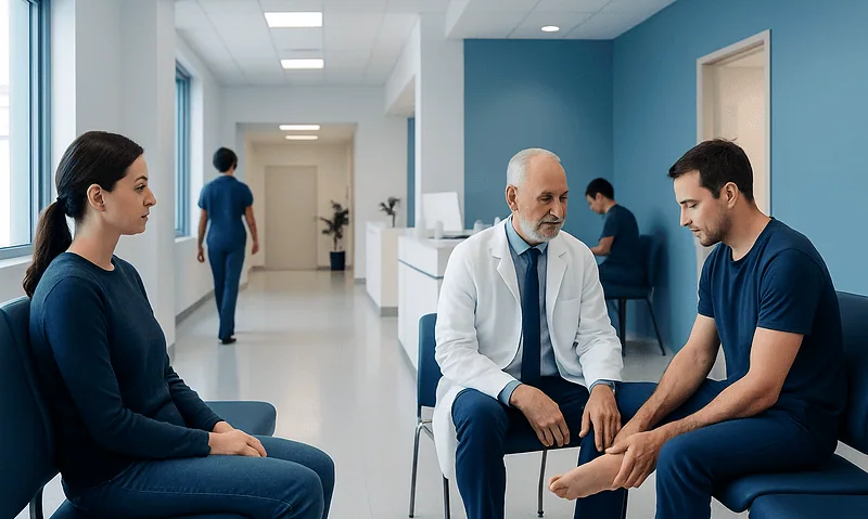 Doctor consulting with patient in hospital corridor.