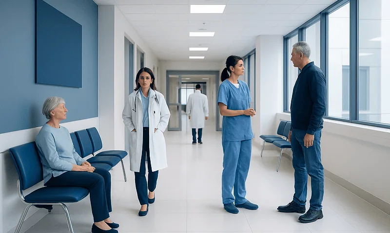Hospital corridor with medical staff and patient in waiting area.