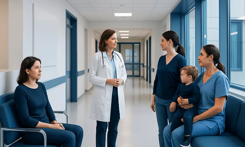 Doctor consulting with a family in a hospital corridor.